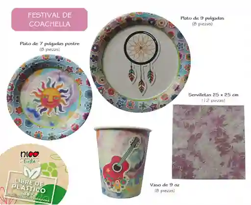 Nico Kit Fiesta -festival Coachella- Con Vasos, Platos Y Servilletas. 100% Ecológicos. (8 Personas)