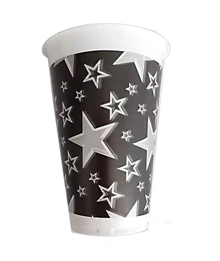 Vaso Desechable Plastico Negro Estrellas Plateadas 6 Oz X 12