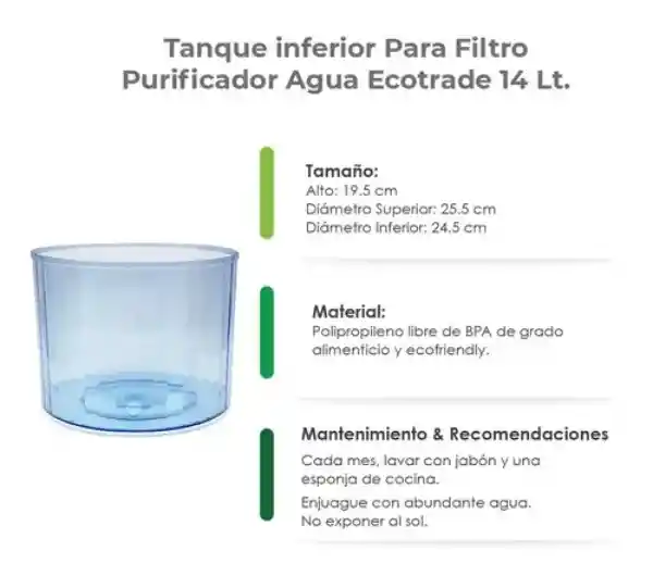 Tanque Inferior De Uso Exclusivo Para Filtro Purificador De Agua Con Capacidad Para 14 Litros