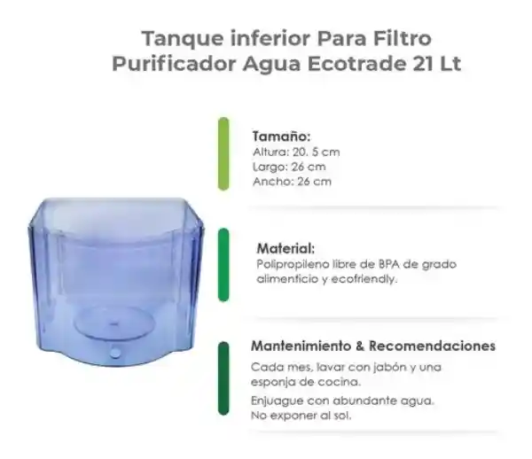 Tanque Inferior De Uso Exclusivo Para Filtro Purificador De Agua Con Capacidad Para 21 Litros