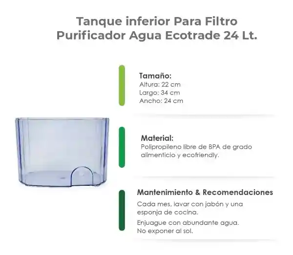 Tanque Inferior De Uso Exclusivo Para Filtro Purificador De Agua Con Capacidad Para 24 Litros