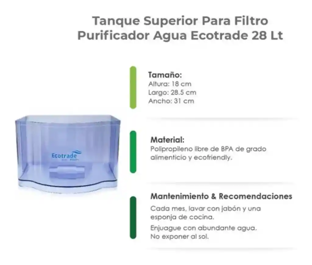 Tanque Superior De Uso Exclusivo Para Filtro Purificador De Agua Con Capacidad Para 28 Litros