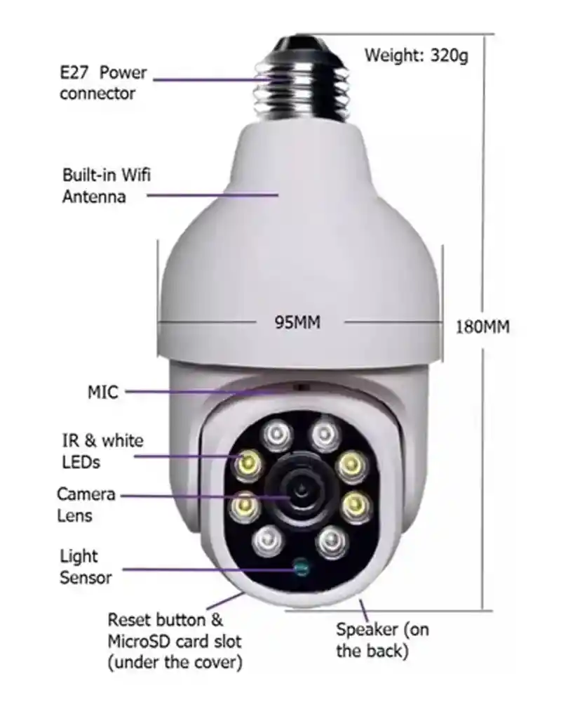 Camara Vigilancia Ip Inalámbrica Mini Bombilla Wifi Nocturna
