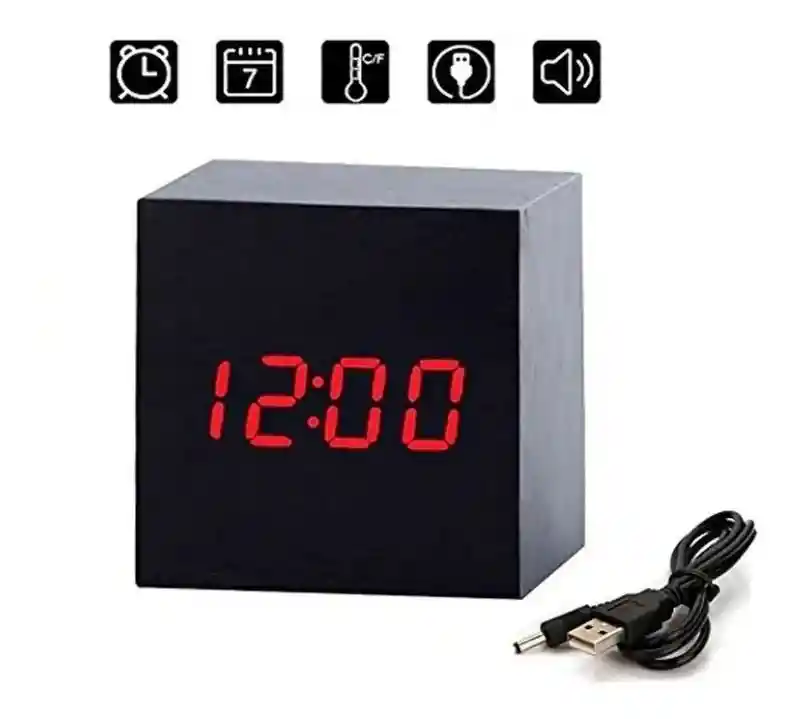 Reloj Cubo Madera Led Digital Alarma Temperatura Fecha Luz