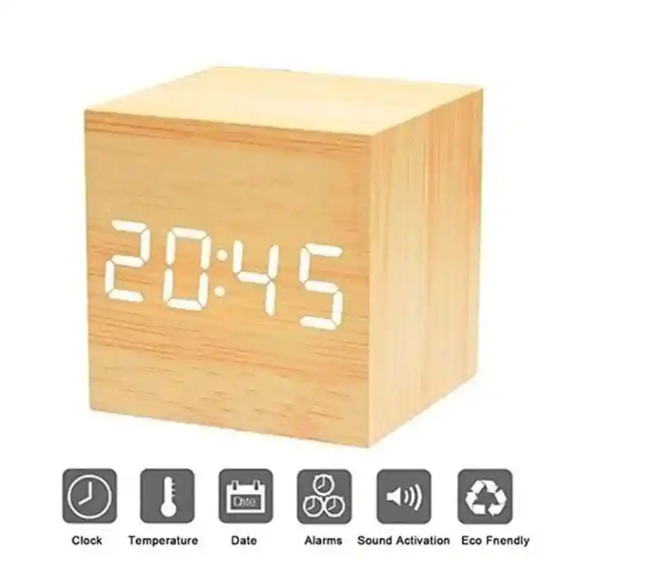 Reloj Cubo Madera Led Digital Alarma Temperatura Fecha Luz