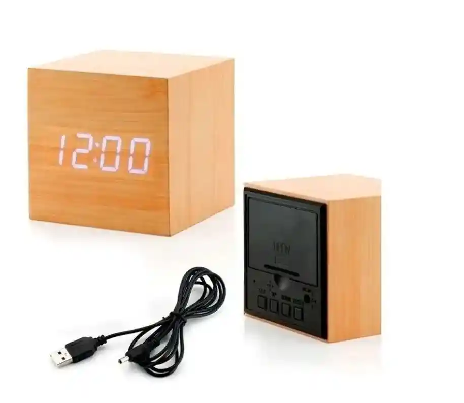 Reloj Cubo Madera Led Digital Alarma Temperatura Fecha Luz