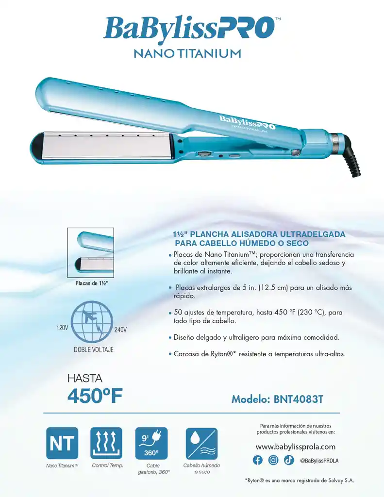  Plancha Alisadora Ultradelgada Para Cabello Humedo Seco Nano Titan Ium Azul 1 12" 