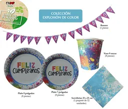 Nico Kit Fiesta Con Banner, Vasos, Platos Y Servilletas. 100% Ecológicos (8 Pers) - Explosión De Color