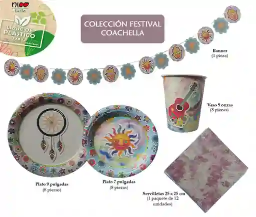 Nico Kit Fiesta Con Banner, Vasos, Platos Y Servilletas. 100% Ecológicos (8 Pers) - Festival Coachella