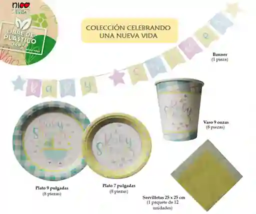 Nico Kit Fiesta Con Banner, Vasos, Platos Y Servilletas. 100% Ecológicos (8 Pers) - Vida Nueva