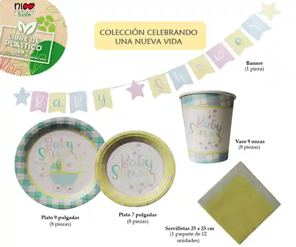 Nico Kit Fiesta Con Banner, Vasos, Platos Y Servilletas. 100% Ecológicos (8 Pers) - Vida Nueva
