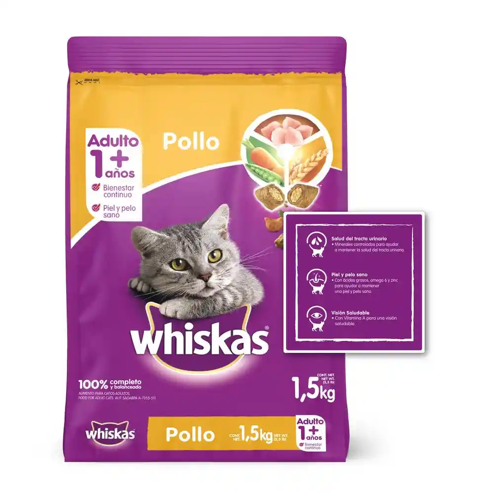 Whiskas Adu Pollo-leche 1.5kg+snacks Temptations Mix Carnes