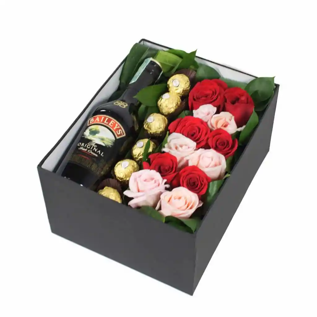 Caja De Rosas Con Chocolates Ferrero Y Baileys