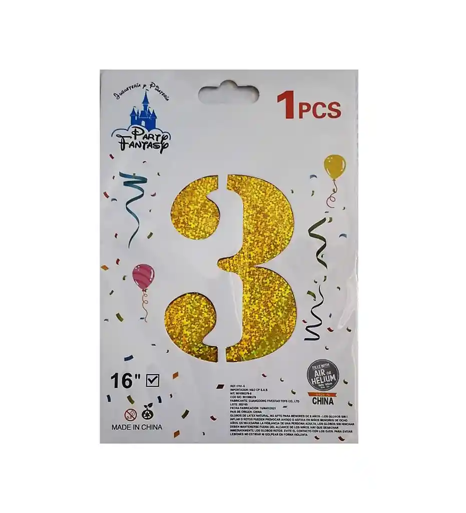 Numero 3 Inflable Metalizado Dorado Escarchado 16"-18" (43 Cm)