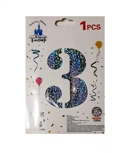 Numero 3 Inflable Metalizado Plateado Escarchado 16"-18" 43 Cm