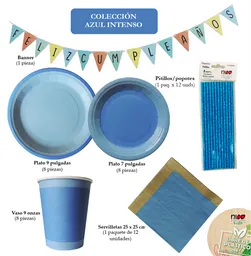 Nico Kit Fiesta Con Pitillos, Banner, Vasos, Platos Y Servilletas. Ecológicos - Azul Intenso