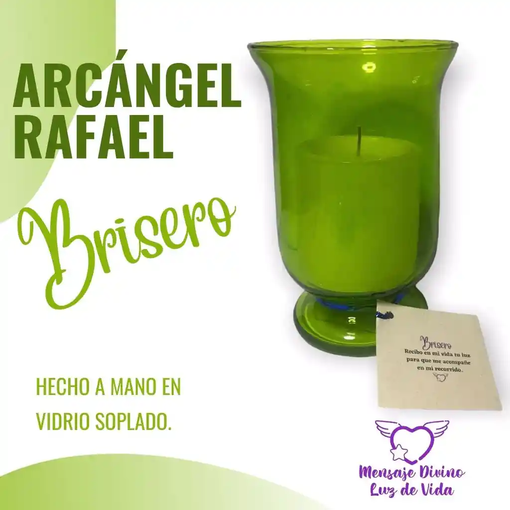 Candelabro Verde En Vidrio Con Vela - Arcángel Rafael