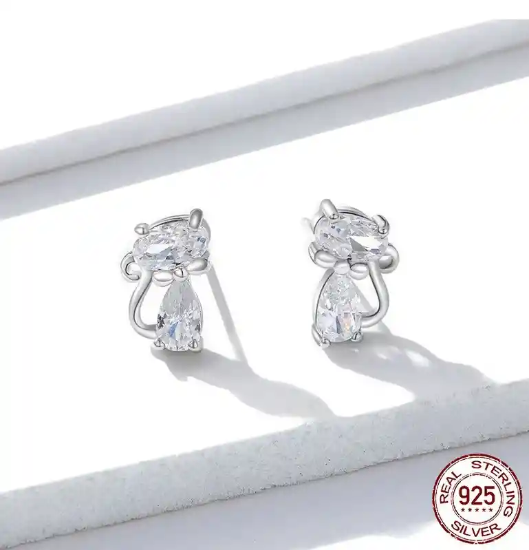 Aretes Para Mujer Gato Cristales Austriacos En Plata 925