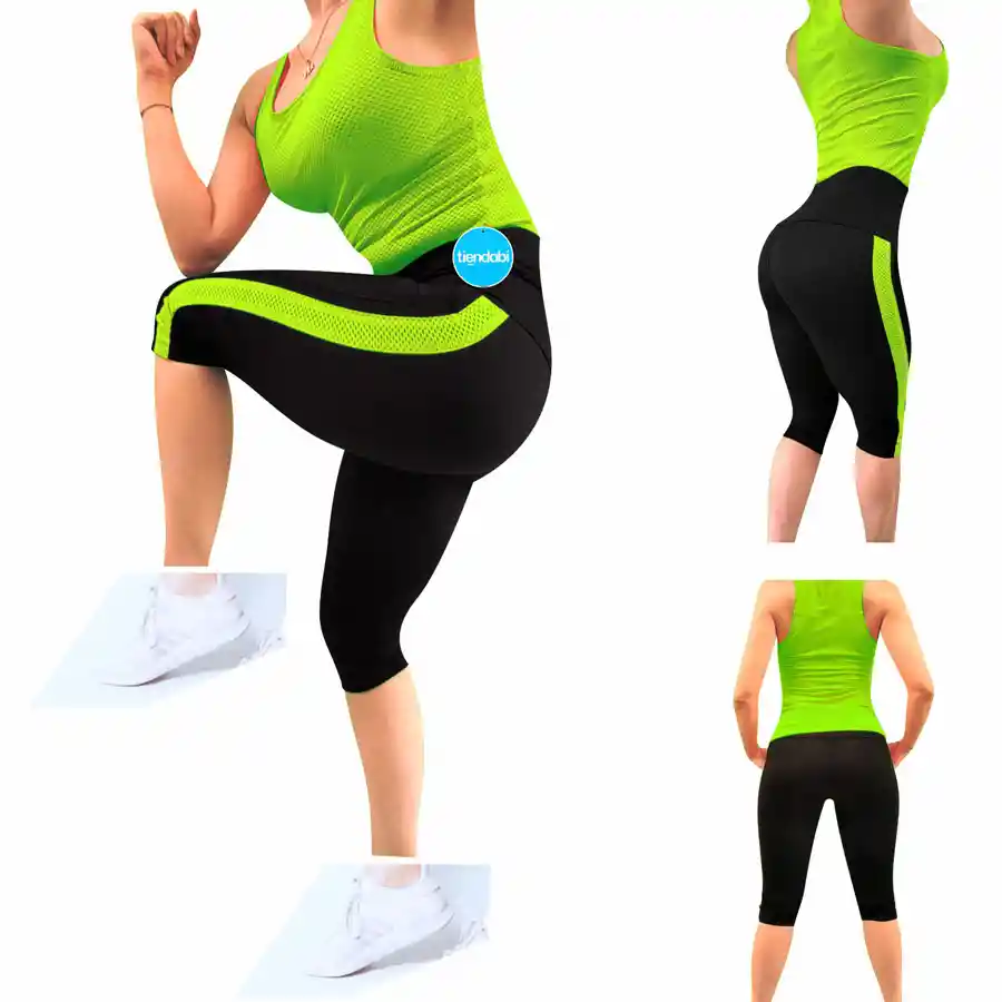 Conjunto Deportivo Dama Leggins Corto Y Camiseta Verde