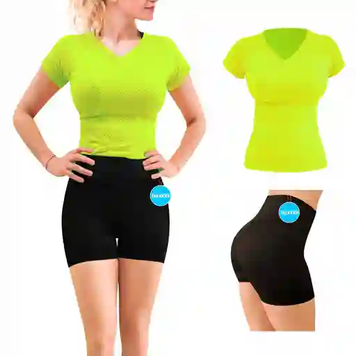 Leggins Corto Short Y Camiseta Conjunto Deportivo Dama Verde