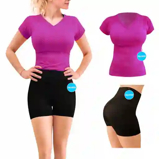 Leggins Corto Short Y Camiseta Conjunto Deportivo Dama Morado