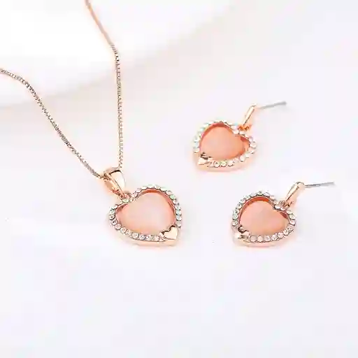 Set Aretes Y Collar Veramorest- Corazon Rosa