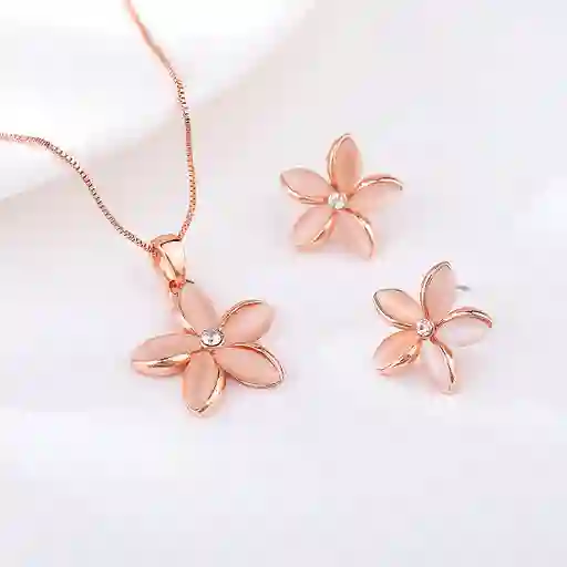 Set Aretes Y Collar Veramores- Flor Rosa