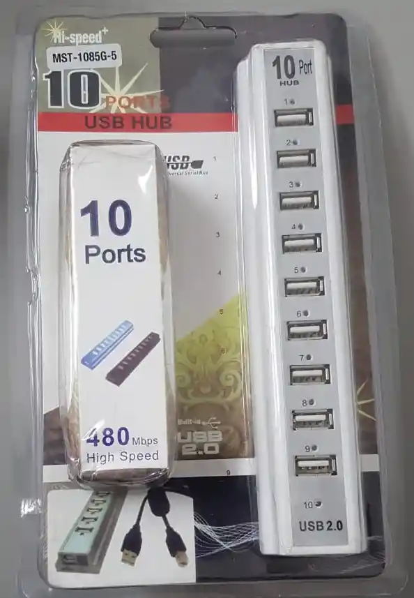 Hub 10 Puertos Usb 2.0 Velocidad 480mbps Con Adaptador Ac