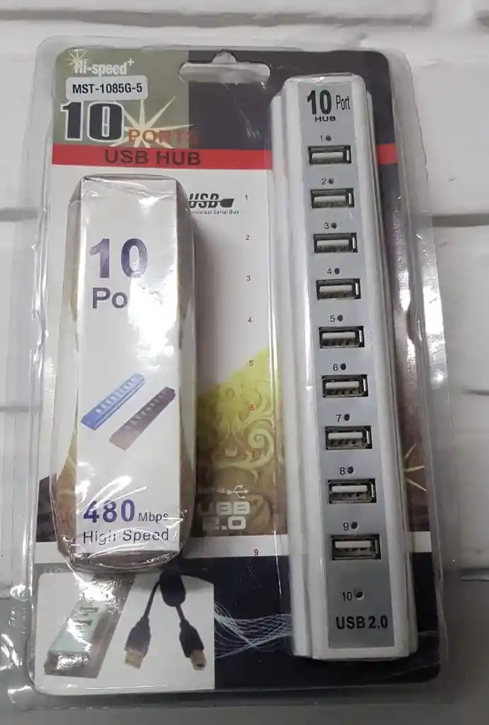 Hub 10 Puertos Usb 2.0 Velocidad 480mbps Con Adaptador Ac