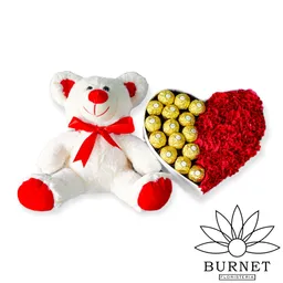 Claveles Rojos Y Chocolates Ferrero En Corazón Y Oso De Regalo