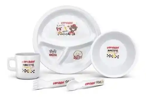 Set Vajilla Bebes Niños 5 Piezas Plato Divisiones Cubiertos Blanco Niño