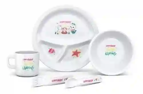 Set Vajilla Bebes Niños 5 Piezas Plato Divisiones Cubiertos Blanco Niña