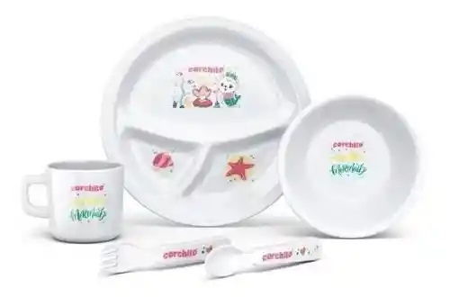 Set Vajilla Bebes Niños 5 Piezas Plato Divisiones Cubiertos Blanco Niña