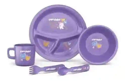 Set Vajilla Bebes Niños 5 Piezas Plato Divisiones Cubiertos Morado