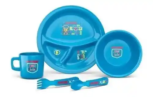 Set Vajilla Bebes Niños 5 Piezas Plato Divisiones Cubiertos Azul
