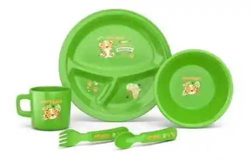 Set Vajilla Bebes Niños 5 Piezas Plato Divisiones Cubiertos Verde