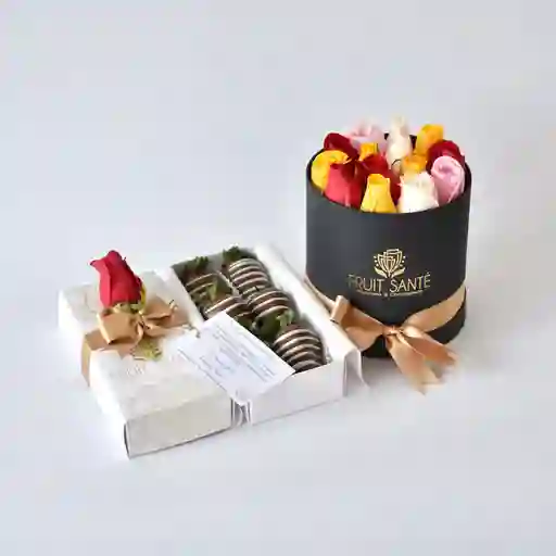 14 Rosas De Excelente Calidad En Caja Cilindrica + Caja De 6 Fresas Premium Cubiertas Con Chocolate