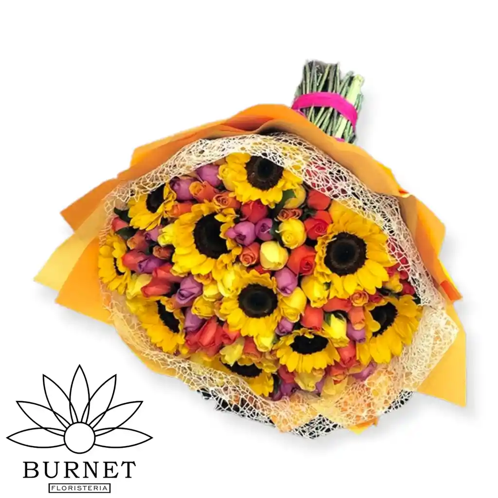 8 Girasoles Y 50 Rosas De Colores En Bouquet De Regalo