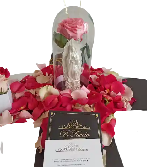 Rosa Preservada Rosada Grande Con Virgen Y Caja Sorpresa De Pétalos