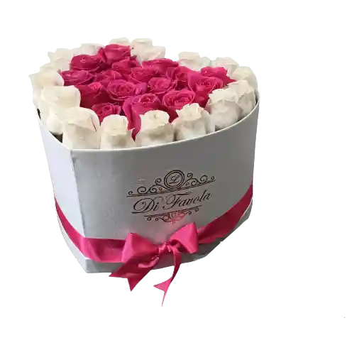 Caja De Rosas Fucsia Y Blanco En Forma De Corazon