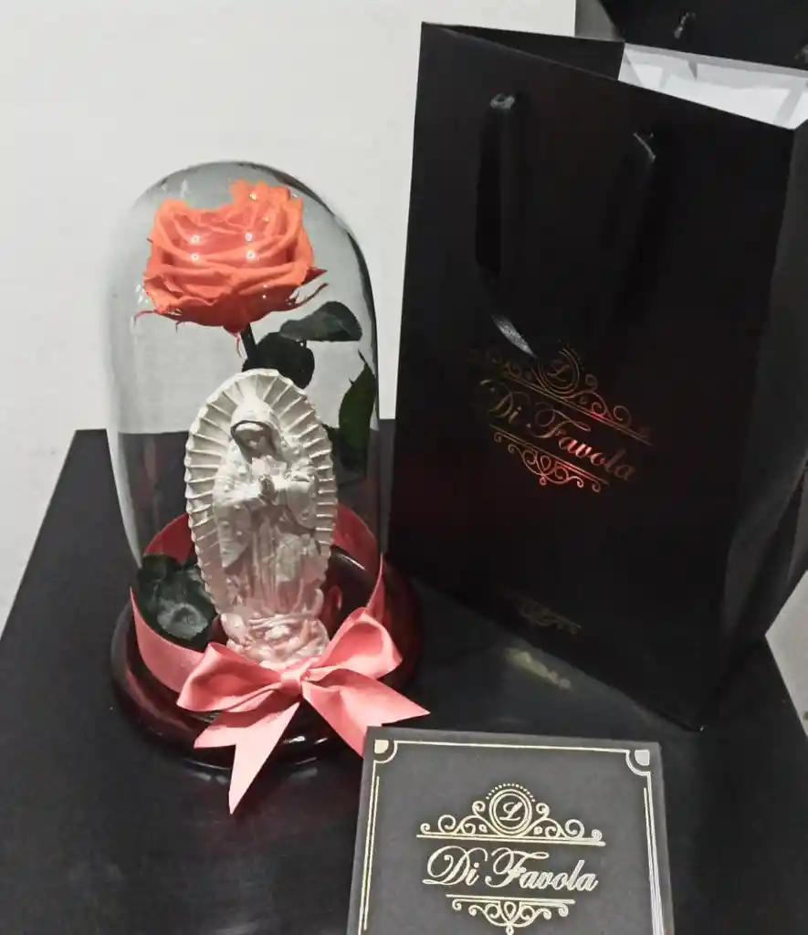 Rosa Preservada Grande 30 Cm Salmón- Naranja Con Virgen ,