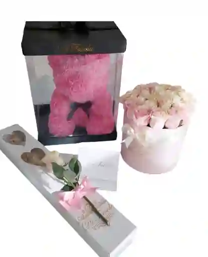 Combo Día De La Madre: Oso Grande, Caja X 18 Fresas Y Cilindro De Rosas