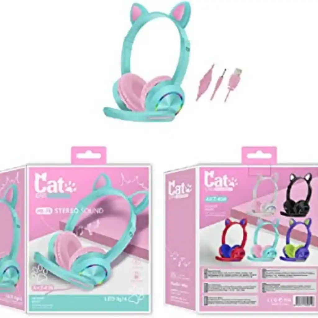 Audifonos Gato Diadema Con Luz Led Y Microfono Para Niños