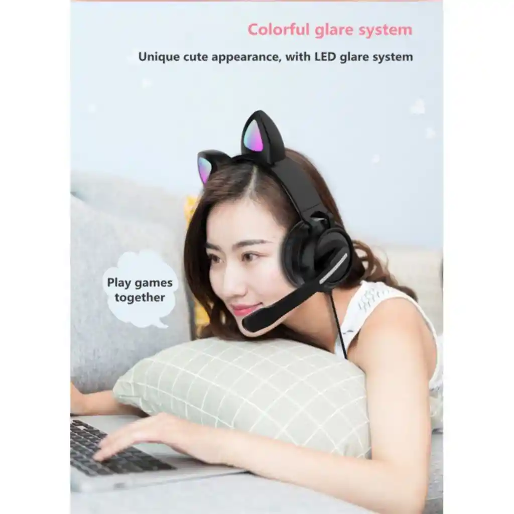 Zw-058 Lindo Gato Oreja Auriculares Con Cable Luminoso Montado En La Cabeza Micrófono Niños