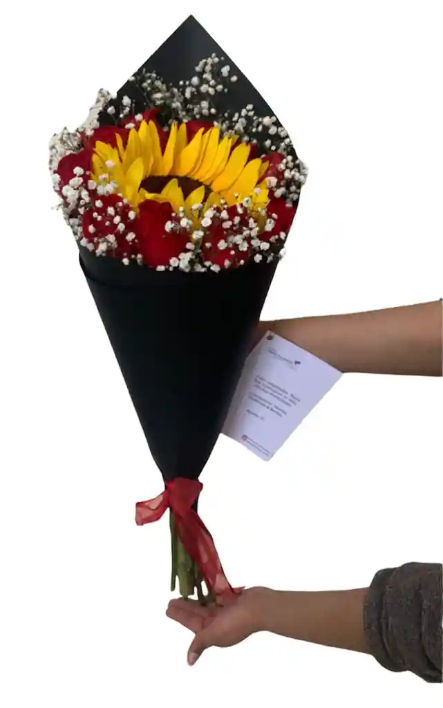 Elegante Bouquet En Cono Con Girasol Y 10 Rosas Rojas