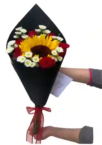 Elegante Bouquet Con Girasol Y 6 Rosas Rojas
