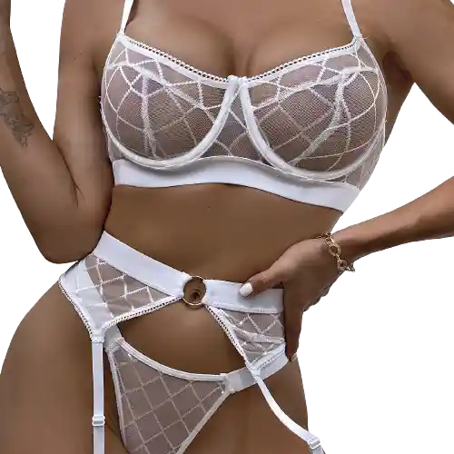 Talla L - Conjunto De Lencería Con Liguero Aria Blanco