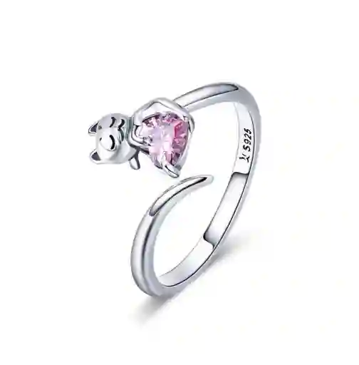 Anillo Gato Ajustable Corazón Rosa Para Mujer En Plata 925