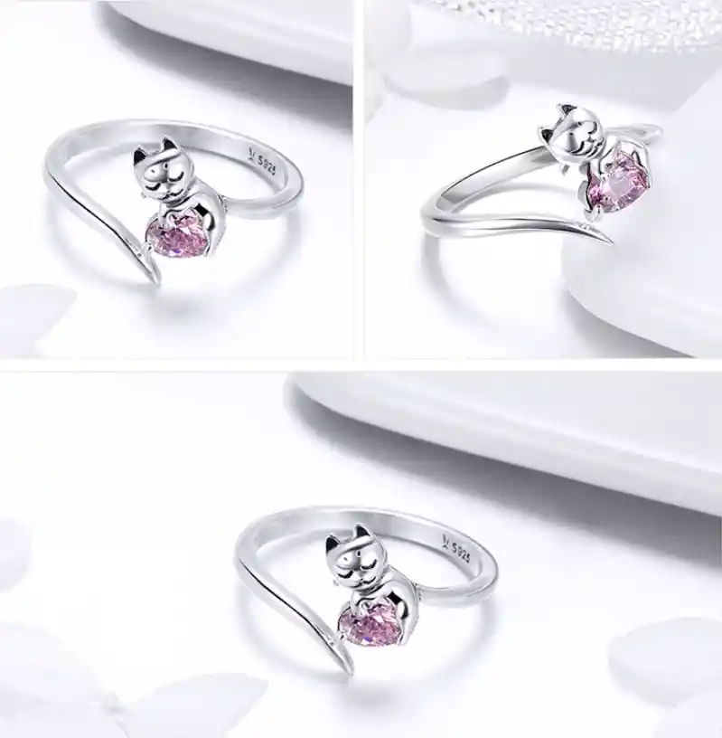 Anillo Gato Ajustable Corazón Rosa Para Mujer En Plata 925