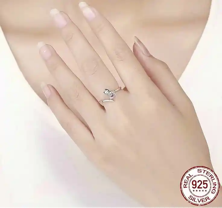 Anillo Gato Ajustable Corazón Rosa Para Mujer En Plata 925